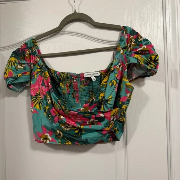 Express Teal Floral Puff Sleeve Crop Top - Picture 5 of 8